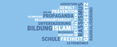 Das Bild zeigt eine Wortwolke mit Begriffen rund um das Thema Islamismus, wie z.B. "Bildung", "Propaganda", "Gewaltprävention" oder "Freiheit".  - Link auf: Islam von Islamismus unterscheiden