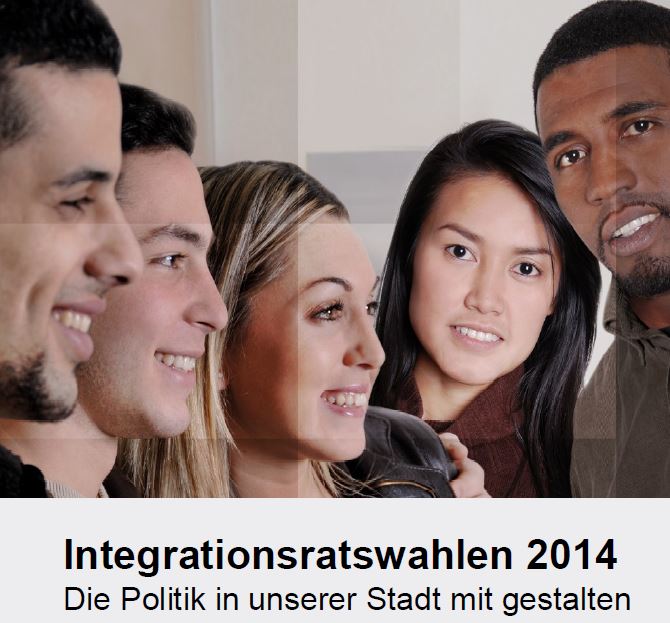 Junge Menschen in einer Gruppe, darunter Text "Integrationsratswahlen 2014"