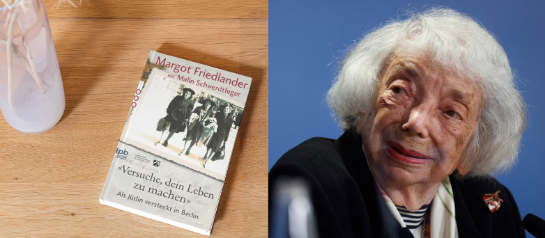 Links: Cover des Buches, rechts: Foto von Margot Friedländer 